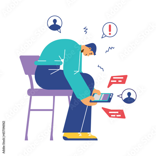 Man hunched sitting on a chair in phone, FOMO fear of missing out vector illustration, psychological addiction syndrome