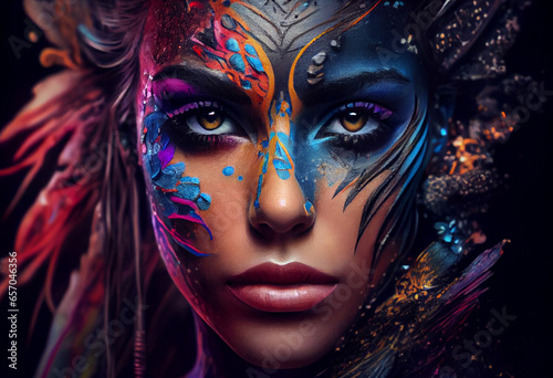 Woman's face painted with bright colors