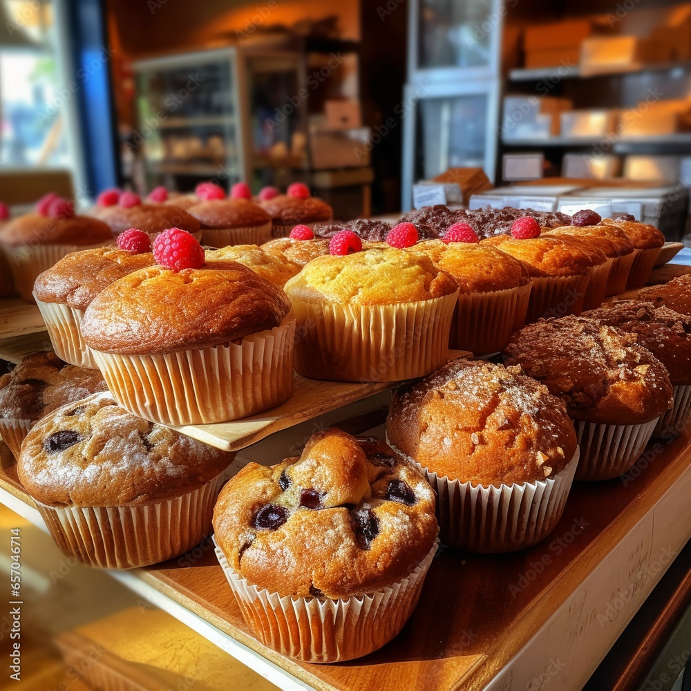 a bakery display filled with an assortment of muffins, their tops golden and studded with flavorful ingredients like blueberries, chocolate chips, and nuts a bakery display filled with an assortment of muffins, their tops golden and studded with flavorful ingredients like blueberries, chocolate chips, and nuts