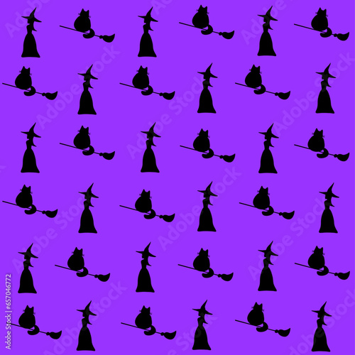 Halloween violet background with witch and cat on the broomstick