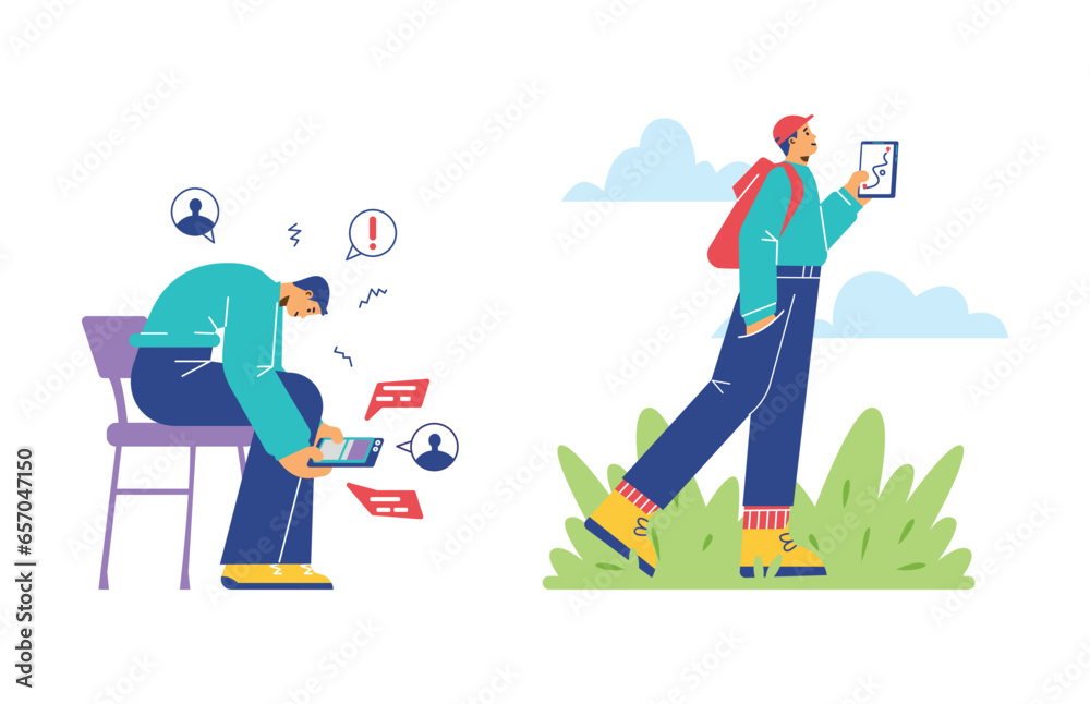 Set of young men with FOMO syndrome flat style, vector illustration