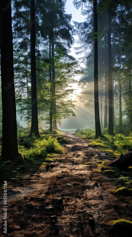 Fototapeta premium Misty forest with sunlight filtering through trees