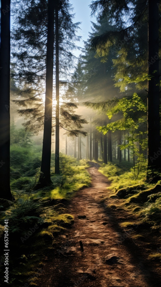 Fototapeta premium Misty forest with sunlight filtering through trees