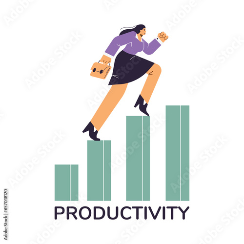 Woman climbing up the stairs, business achievement, success strategy, moving up the career ladder, vector Productivity