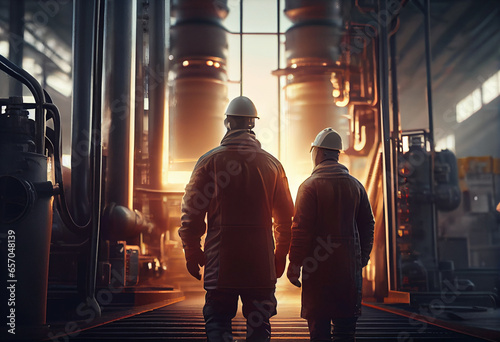 two engineers walk through a heavy industry factory