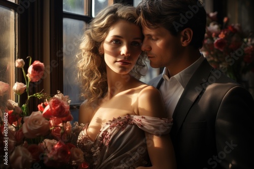 bride and groom at the window