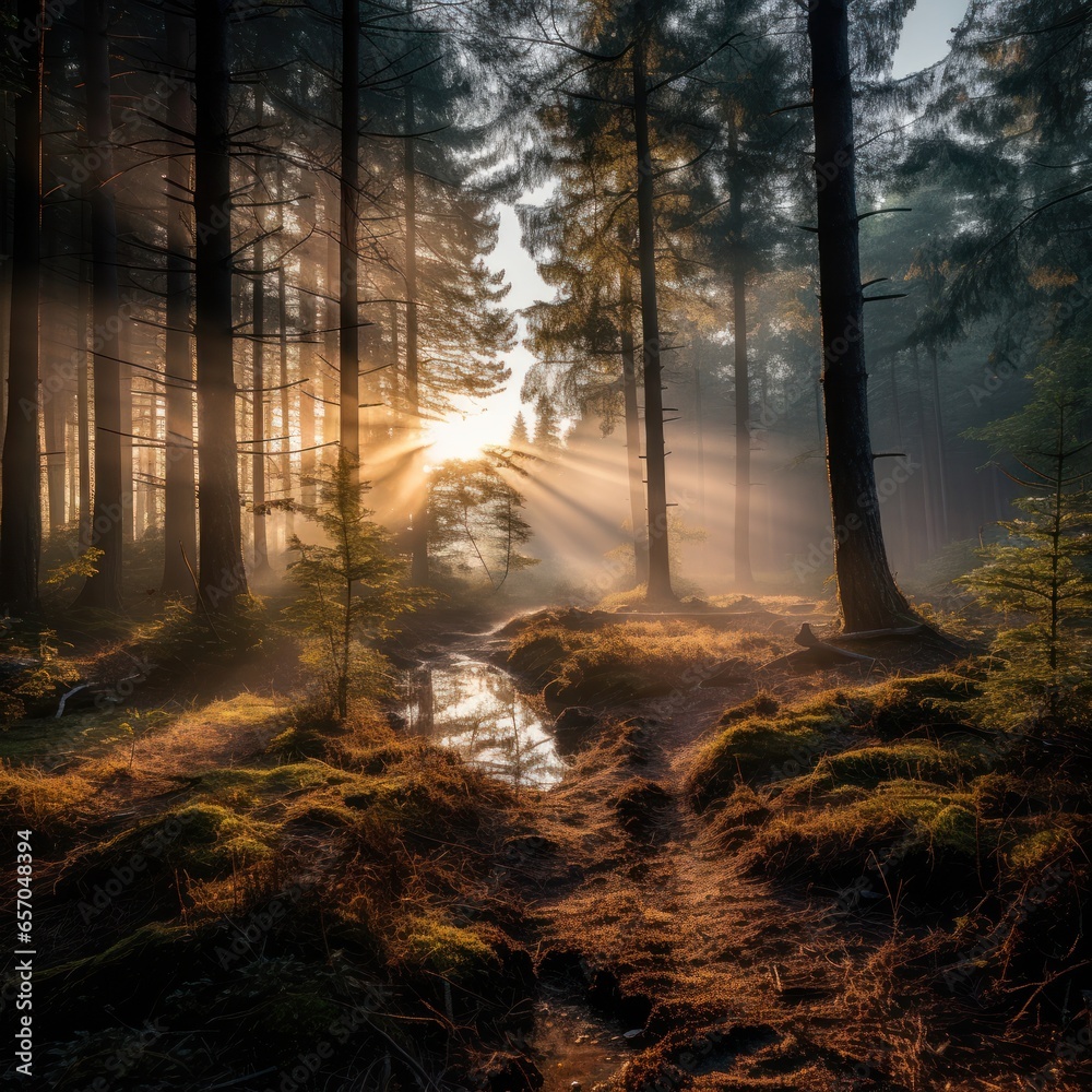 Obraz premium Misty forest with sunlight filtering through trees