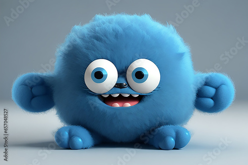 Cute blue furry monster 3D cartoon character. Ai Generated. photo