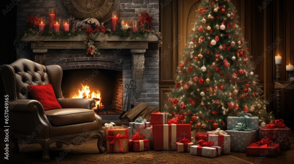 Christmas Scene Imagine a warm and inviting holiday setting with a beautifully decorated Christmas tree surrounded by presents, a comfortable rocking chair, and a crackling fireplace. Christmas Scene Imagine a warm and inviting holiday setting with a beautifully decorated Christmas tree surrounded by presents, a comfortable rocking chair, and a crackling fireplace.