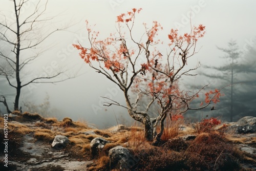 Autumn rural landscape, tree on the foggy morning, red leaves on tree.