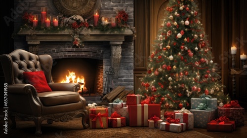 Christmas Scene Imagine a warm and inviting holiday setting with a beautifully decorated Christmas tree surrounded by presents, a comfortable rocking chair, and a crackling fireplace.