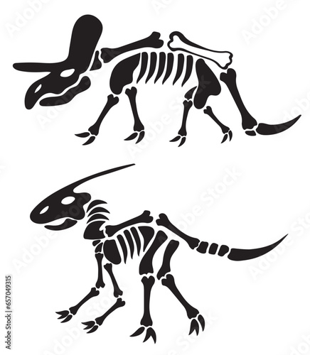 Bundle, Set of dinosaur skeletons, dino bones. Remains of ancient animals. Modern vector flat design image. 