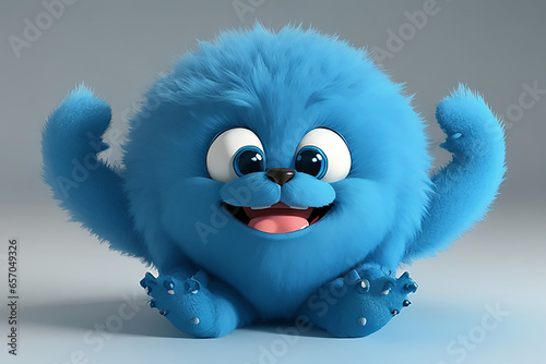 Cute blue furry monster 3D cartoon character. Ai Generated. photo