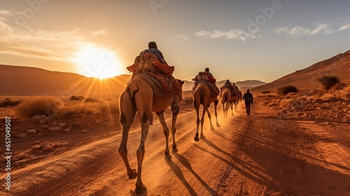 Tourists Delight in Group Camel Rides through the Desert Travel lifestyle 