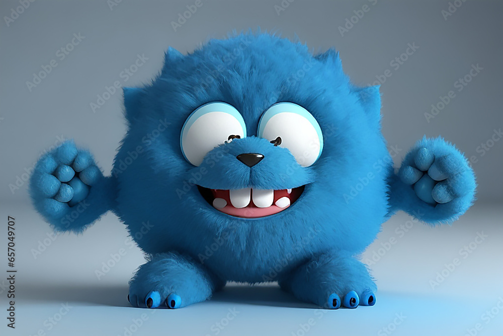 Cute blue furry monster 3D cartoon character. Ai Generated. Stock Photo ...