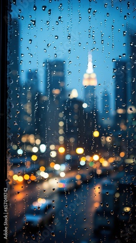 Raindrops on window with blurred cityscape in background
