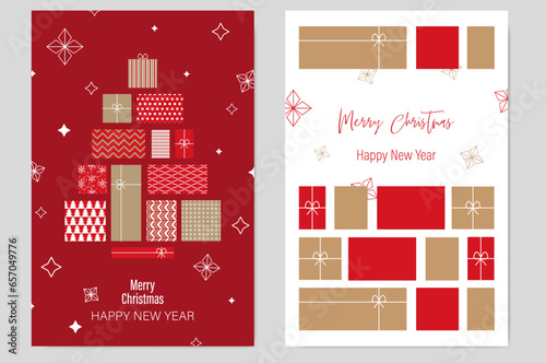Golden Christmas cards set. Set of christmas new year winter holiday greeting cards with xmas decoration. Abstract trendy illustration in minimalist hand drawn flat style. Vector illustration