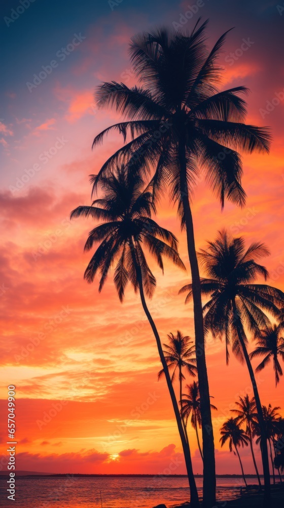 Blurred sunset with silhouettes of palm trees