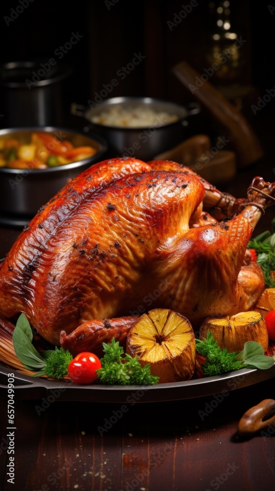 Golden roasted turkey with crispy skin and stuffing Golden roasted turkey with crispy skin and stuffing
