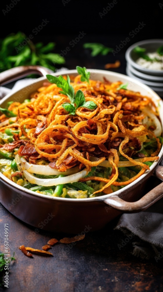 Decadent green bean casserole with crispy onions on top Decadent green bean casserole with crispy onions on top