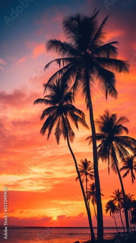 Blurred sunset with silhouettes of palm trees © olegganko