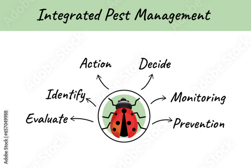 Integrated pest management concept. Including action, decision, monitoring, prevention, identification, and evaluation