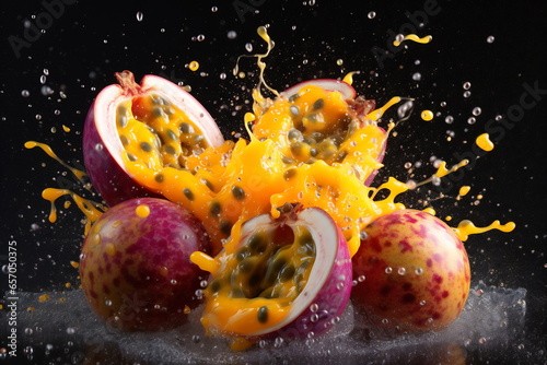 Fresh passionfruit in a splash of water photo