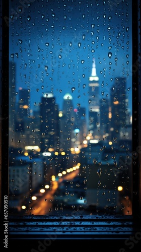 Raindrops on window with blurred cityscape in background