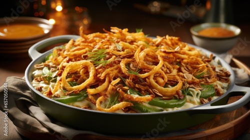 Decadent green bean casserole with crispy onions on top