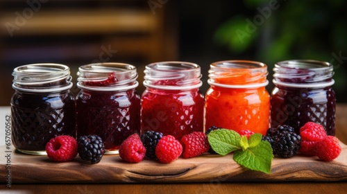 Assorted berry jams and spreads in mini mason jars.