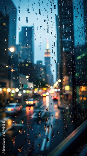 Raindrops on window with blurred cityscape in background
