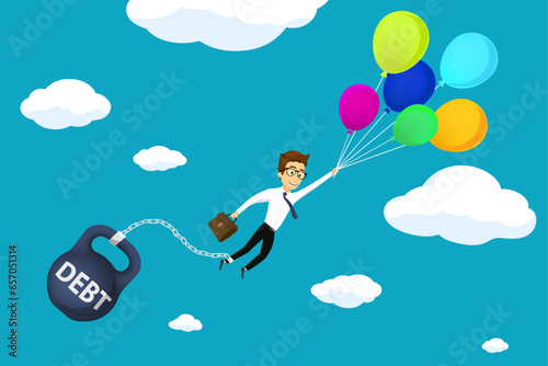 Businessman chained to a weight with the inscription debt, flying in hot air balloons. Stock vector illustration