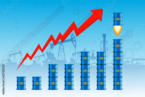 Barrels of crude oil as a chart of rising price. Stock vector illustration