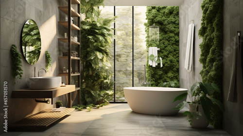 Interior design of modern bathroom with greenery © Anas