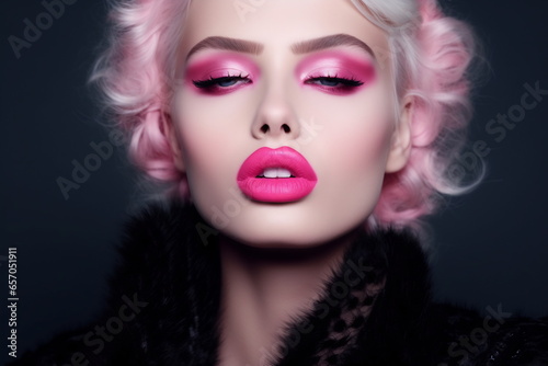 Beautiful woman with vivid makeup. Fashion model. Pink color palette