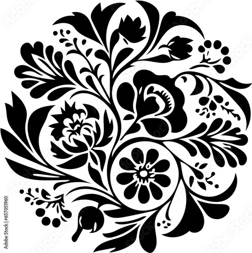 Floral pattern design with leaves, vines and flowers, black and white ornament illustration 