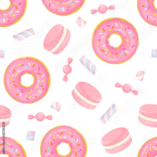 Pink sweets seamless pattern. Vector cartoon illustration of donut, candy, macaroon and marshmallow. Sweet food background