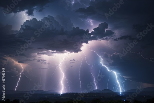Lightning rays' electrical energy charge thunder in dark night sky