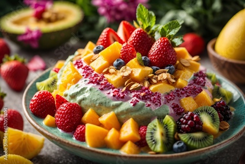 Close - up shot of a tropical paradise smoothie bowl with a thick, creamy texture and vivid fruit toppings. Generative Ai.