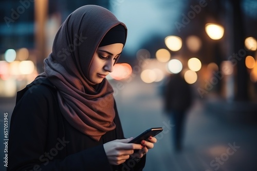 Young Muslim woman using smartphone