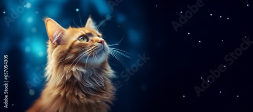Profile of fluffy ginger tabby cat in the dark night looking upwards. Starry night background with copy space.