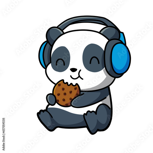 Cute panda listening music with headphone ea biscuit