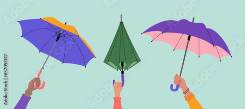 Female hands holding open and closed umbrellas. Hand drawn vector illustration isolated on blue background. Flat cartoon style.