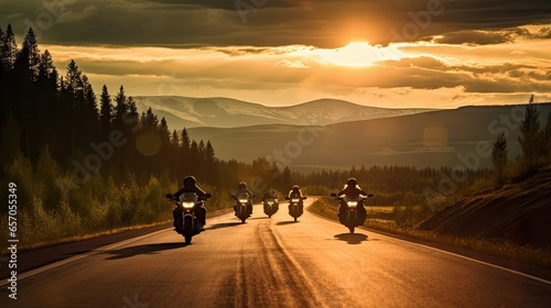 Group of cruiser-chopper motorcycle riders photo