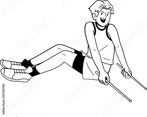 Healthy boy doing poundfit dance cartoon outline, coloring page illustration