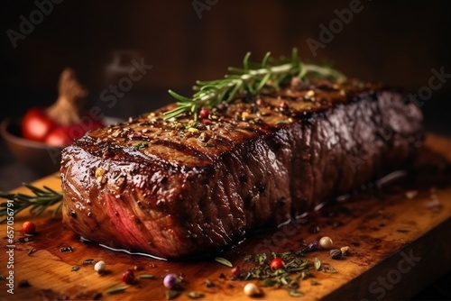 Succulent thick juicy portions of grilled fillet steak served on an old wooden board
