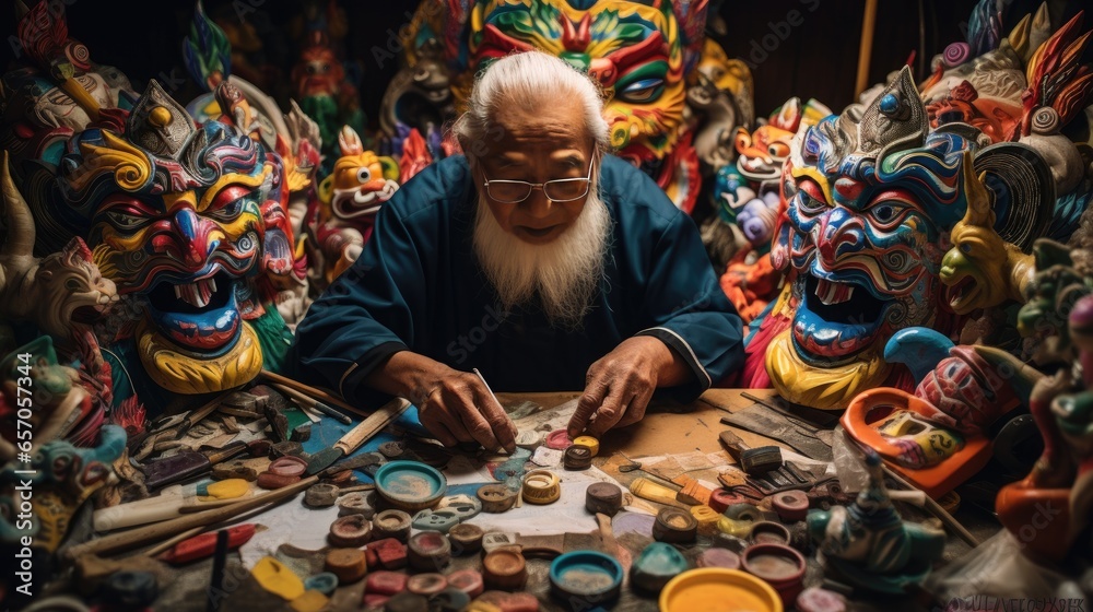 Bird's eye view of an old Asian man sitting bent over and drawing on a mask. Surrounded by several colorful Chinese masks. Bird's eye view of an old Asian man sitting bent over and drawing on a mask. Surrounded by several colorful Chinese masks.