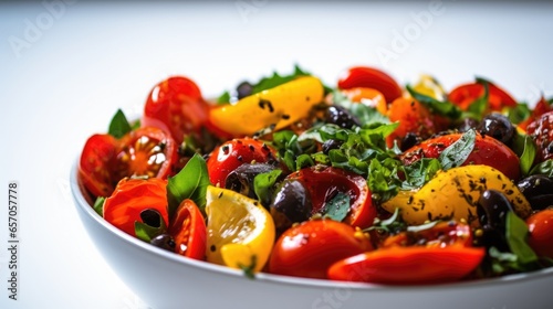Salad of cherry tomatoes with parsley and olive oil on white background