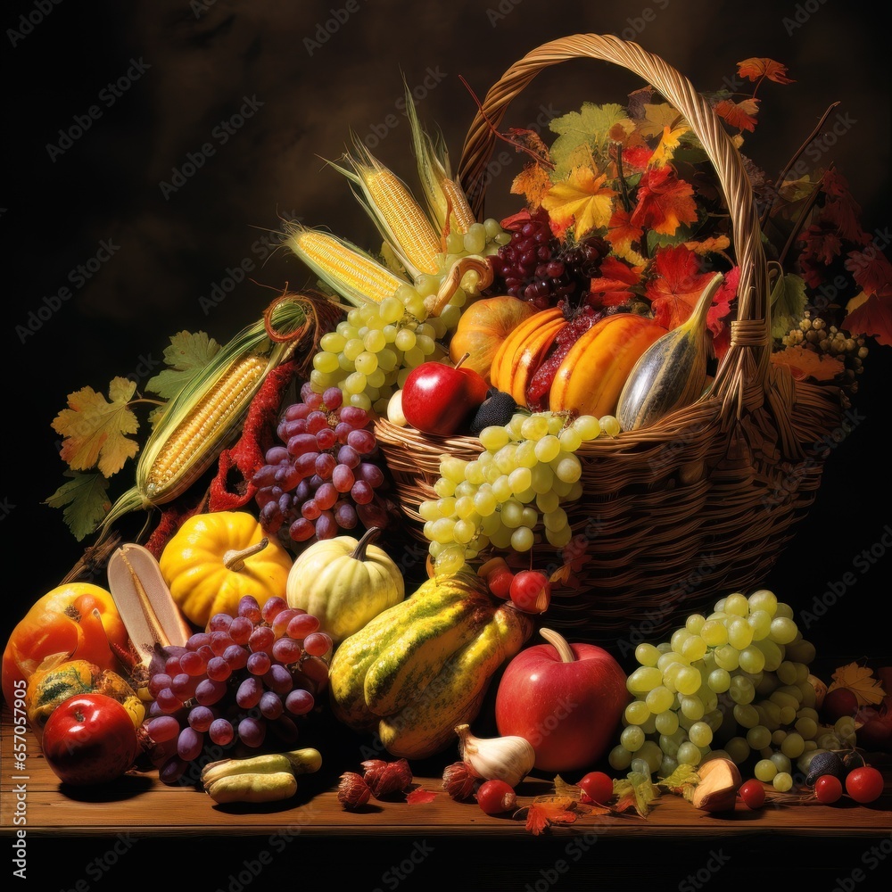 cornucopia overflowing with autumn fruits and vegetables, such as corn, apples, grapes, and squash cornucopia overflowing with autumn fruits and vegetables, such as corn, apples, grapes, and squash