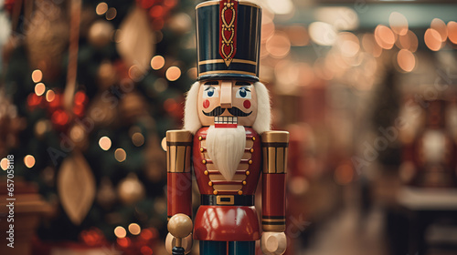 Close up of a Christmas nutcracker. Toy Soldier. Christmas copyspace background